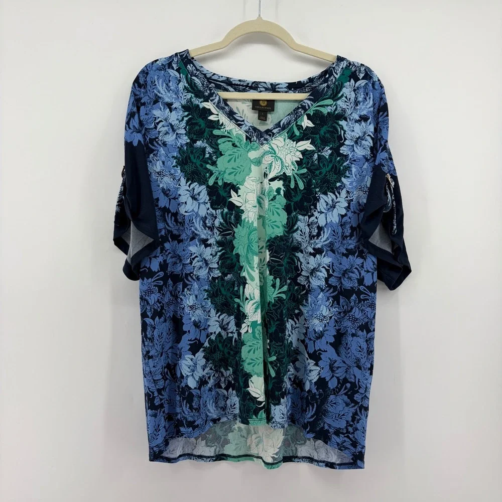 JM Collection Womens L‎ Blue Floral Mosaic Top Split Sleeve V-Neck Blouse NEW